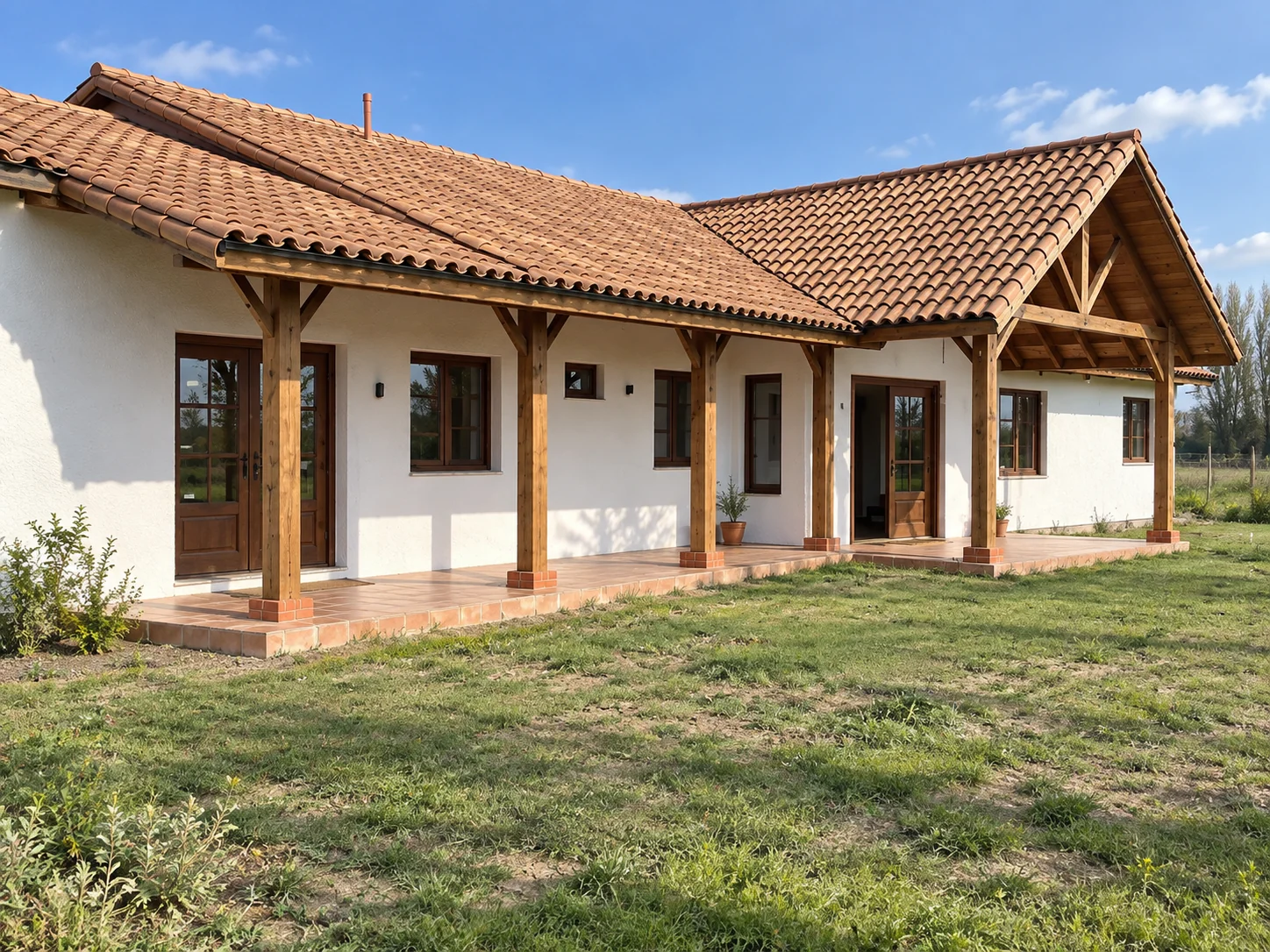 Arquitectura residencial ACV: casa rústica moderna con porche de terracota