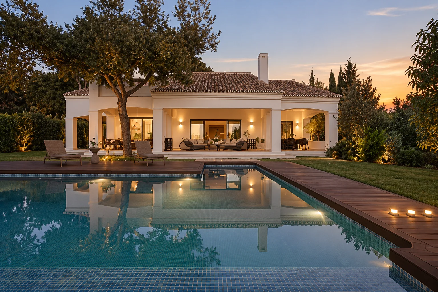 Arquitectura residencial ACV: villa mediterránea al anochecer junto a la piscina