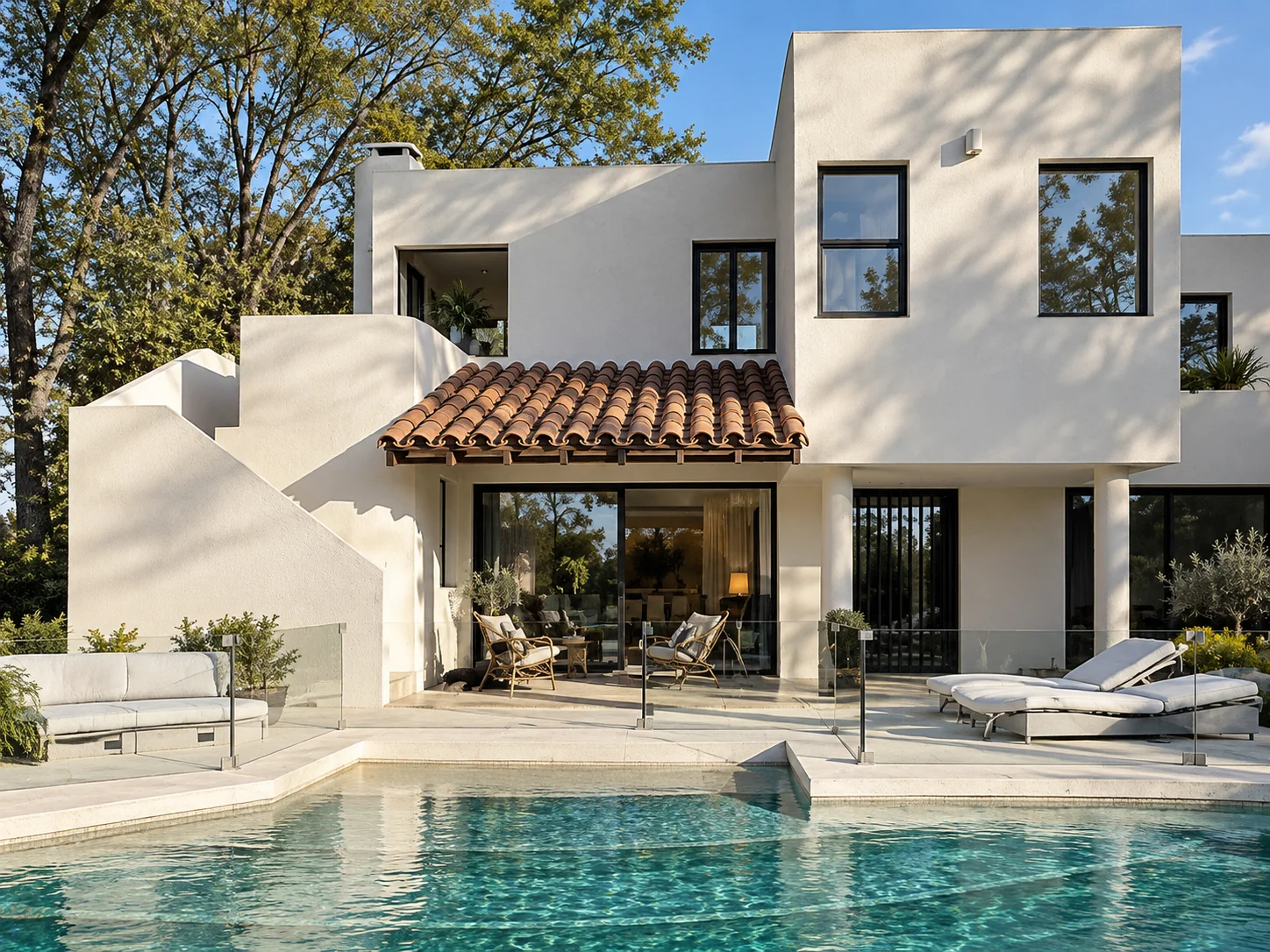 Arquitectura residencial ACV: villa mediterránea junto a la piscina